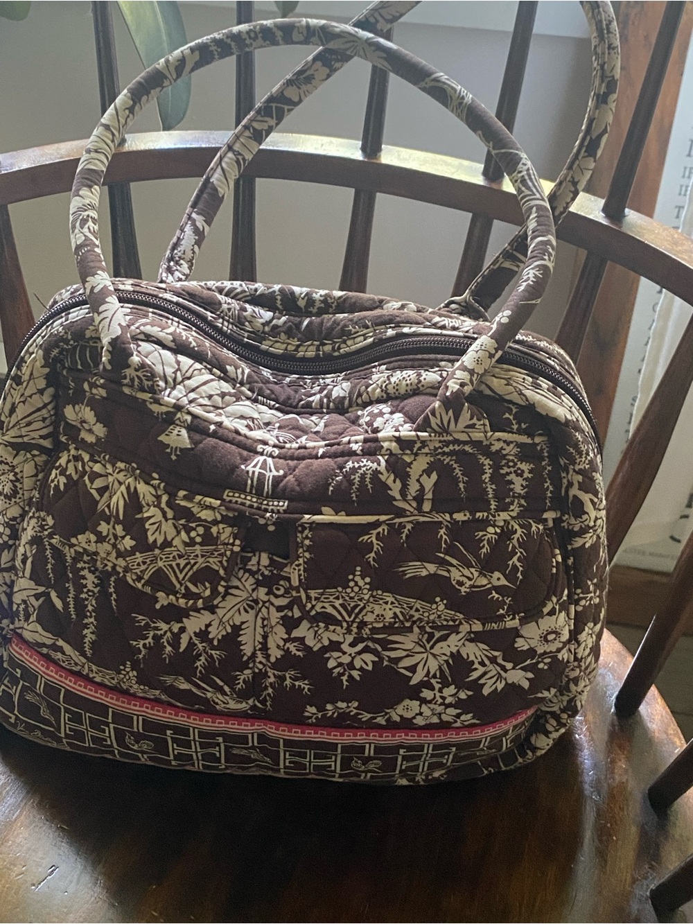 Vera Bradley Quilted Imperial Toile Toiletry Bag in Brown/White Floral.